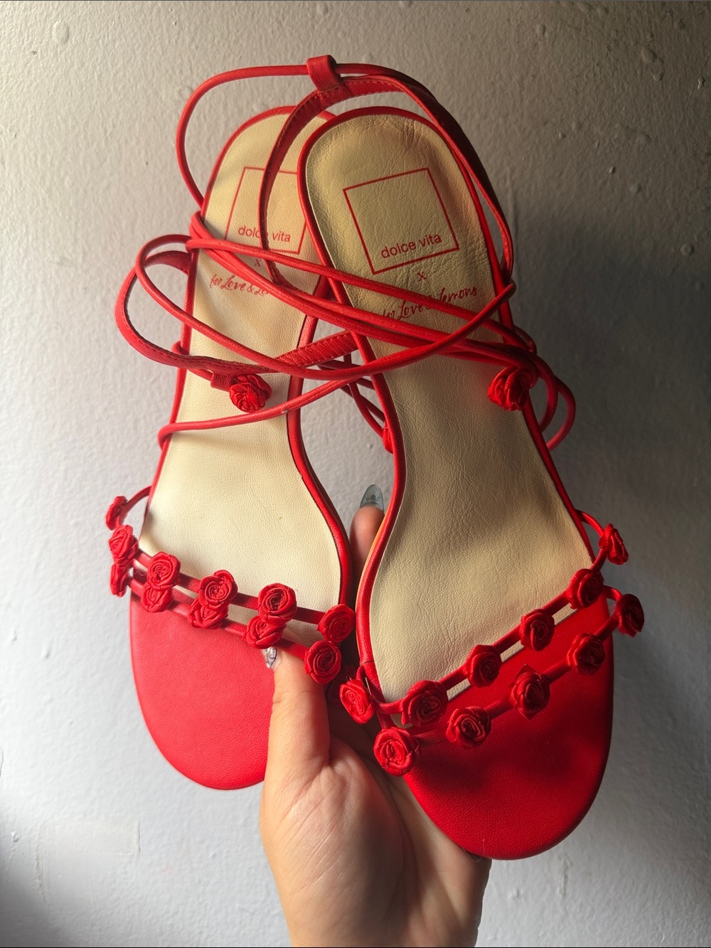 For Love and Lemons x Dolce Vita Bright Red Rose-Embellished Lace-Up heels